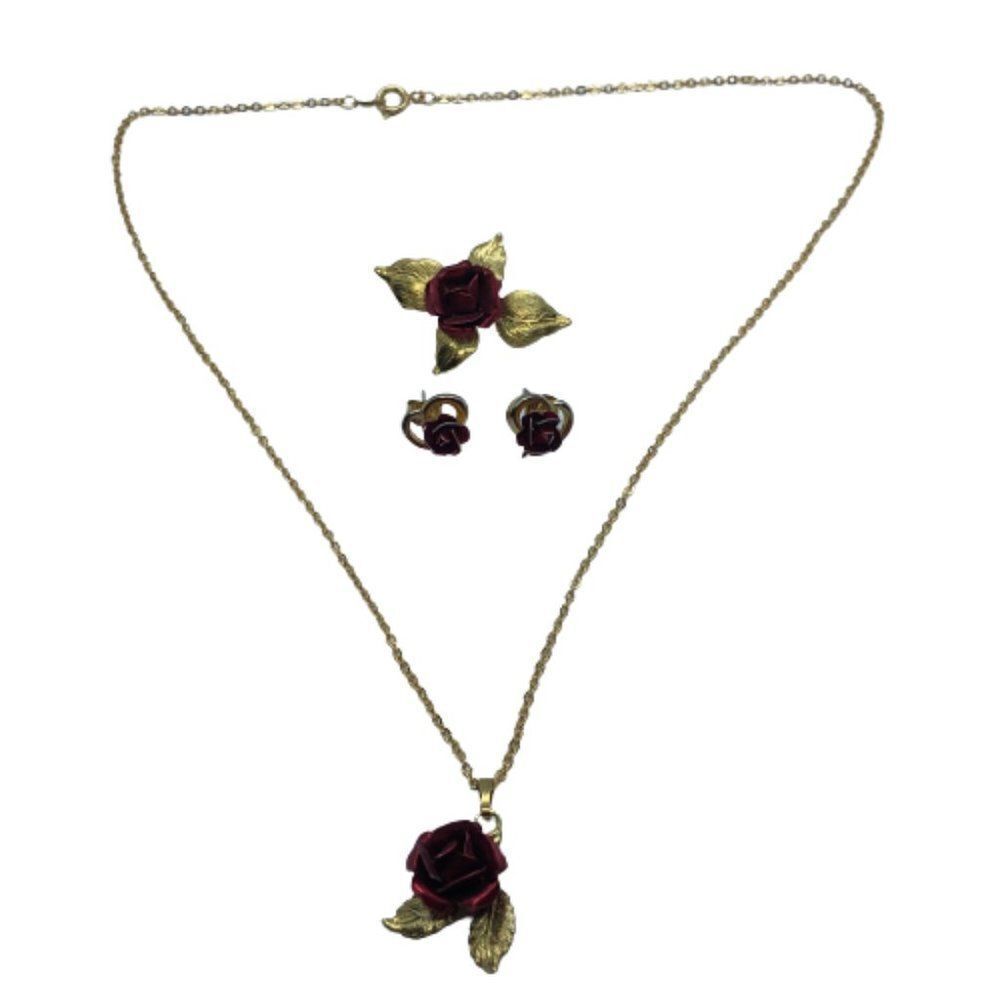 Stunning Vintage Jewelry Set - Tin Red Rose Pendant Necklace, Brooch & Earrings
